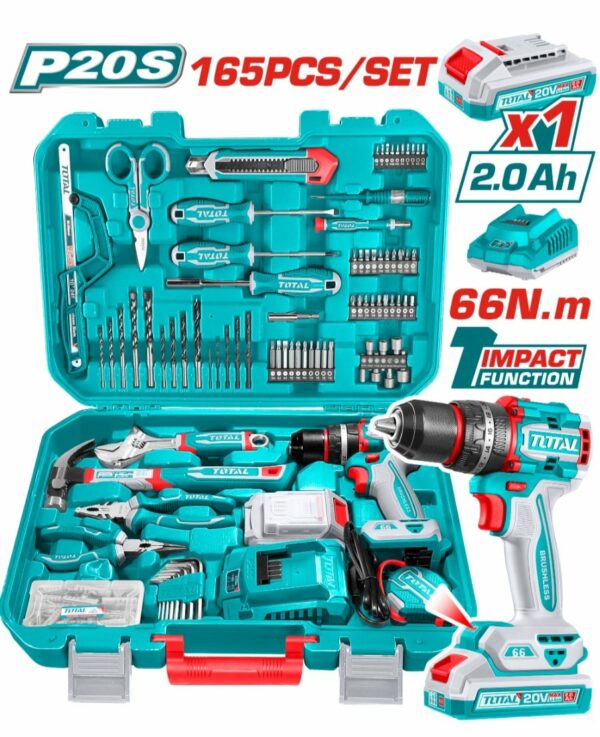 TOTAL 20V Cordless Impact Drill Kit with Battery, Charger & 165-Piece Accessory Set-THKTHP11652