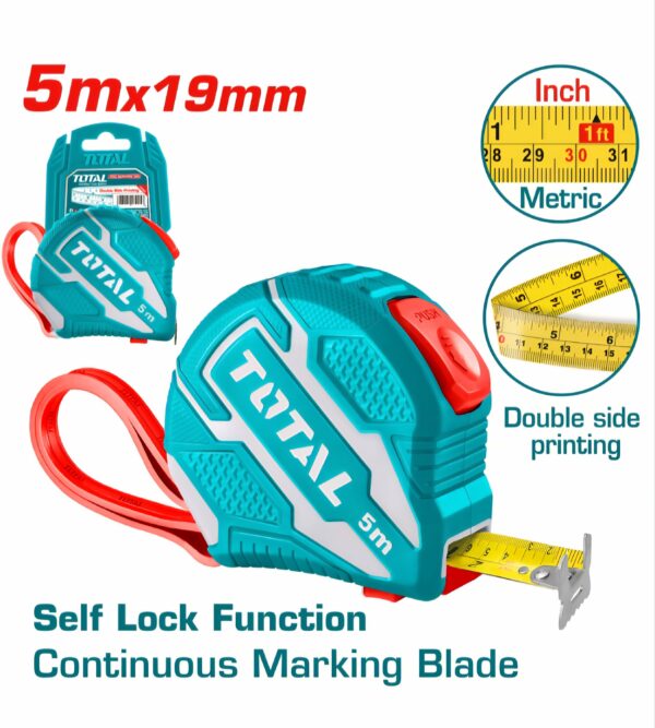 Total 5m x 19mm Self-Locking Measuring Tape with Metric & Inch Scale - TMT126251