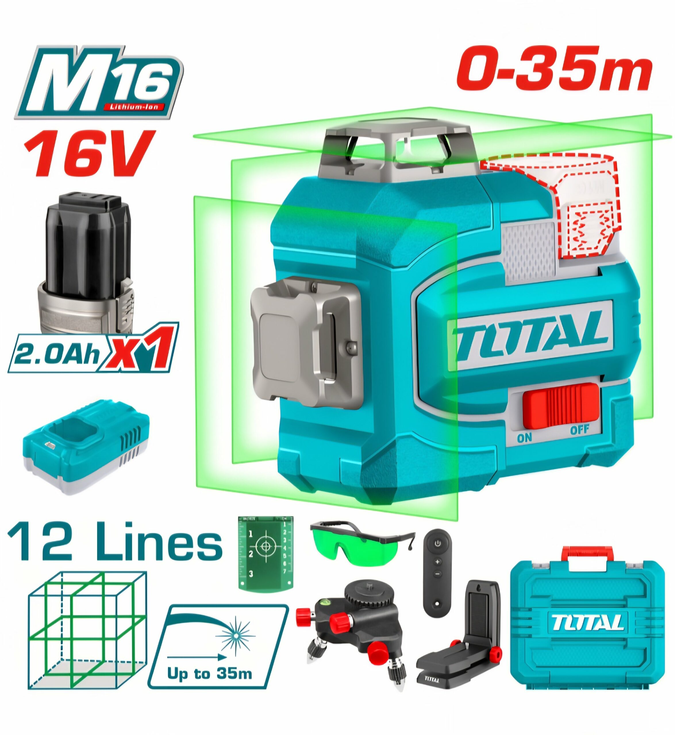 Total 3D Laser Level – 16V, Green Beam, Full Accessories- TLL301201