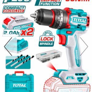 TOTAL 20V 66Nm Brushless Cordless Drill with 2 Batteries, 47-Piece Accessory Kit & Carrying Case- TIDLI20668